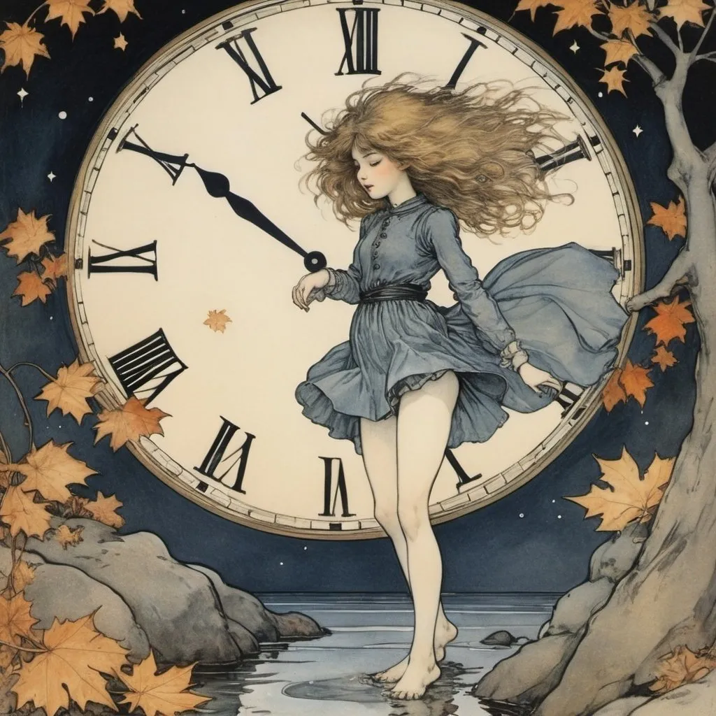 Prompt: Arthur Rackham, Hugh Thomson, Koloman moser, Joseph Urban, Kate Greenaway, Surrealism, strange, strange, fantastical, fantasy, Sci-fi, Japanese anime, lion-theater and clock, light design, a drop of rocky water, stars in the night sky, microorganisms under fallen leaves, sleeping miniskirt beautiful high school girl, perfect voluminous body, detailed masterpiece 