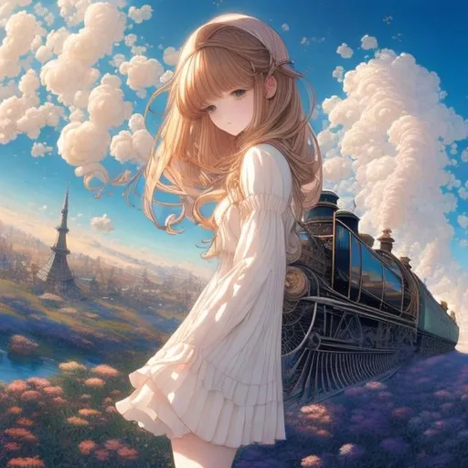 Prompt: Milo Manara, Charles Altamont Doyle, Surreal, mysterious, strange, fantastic, fantasy, Sci-fi, Japanese anime, ripples, spirals, and Fibonacci, a miniskirt beautiful high school girl competing with a steam locomotive, hyper detailed high resolution definition quality, depth of field cinematic lighting 