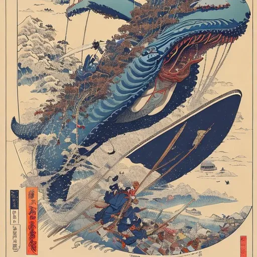 Prompt: Jean Giraud, Katsushika Hokusai Eugène Grasset Japanese Anime Sci-Fi Fantasy Circus Trapeze Flying Whale Cicada Alice at the Tea Party hyperdetailed high definition high resolution high quality masterpiece