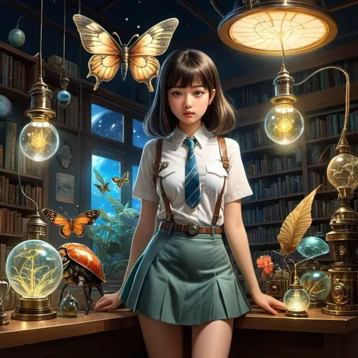 Prompt: Junaida, Rowland Frederick Emett, Surreal, mysterious, bizarre, fantastical, fantasy, Sci-fi, Japanese anime, science classroom, beaker,  spirit lamp, butterfly, beetle, fossil, trilobite, dinosaur, electricity, miniskirt science girl, perfect voluminous body, report from the astral world, observatory, detailed masterpiece 