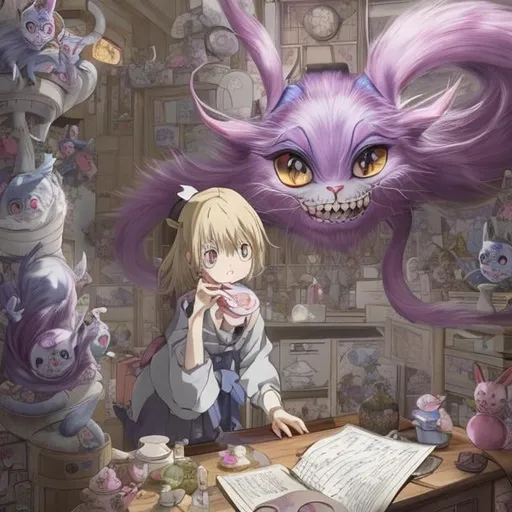 Prompt: Hayao Miyazaki Japanese Anime　m Girl Alice　Study room at home　Door opens and the Cheshire Cat peeks in Hyper detailed high resolution high quality high definition masterpiece