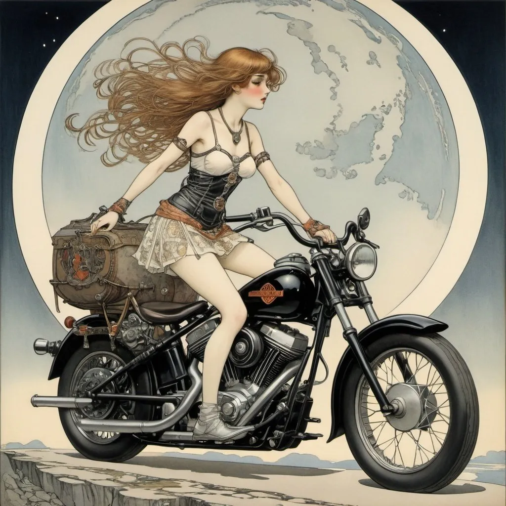 Prompt: J. Frederick Smith, Arthur Rackham, George Barbier, Surreal, mysterious, strange, fantastical, fantasy, Sci-fi, Japanese anime, accelerating towards the earth, Harley-Davidson and a beautiful girl in a miniskirt, perfect voluminous body, detailed masterpiece 