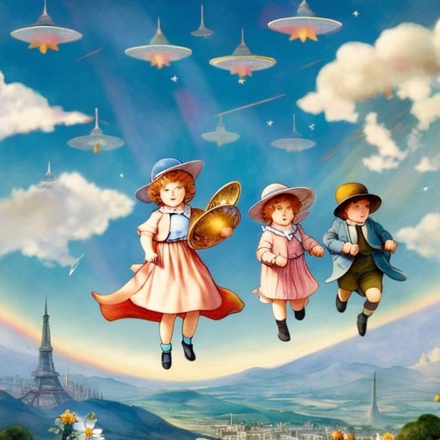 Prompt: Mabel Attwell, Kate Greenaway, Anne Anderson, Margaret Tarrant, Beatrix Potter Mysterious Strange Fantastic Surreal Sci-Fi Fantasy Hand-cranked Spring Rocket Boys and Girls Play Rocket Flying Blue Sky Clouds Rainbow Moon Tokyo Tower Detailed, high quality masterpiece