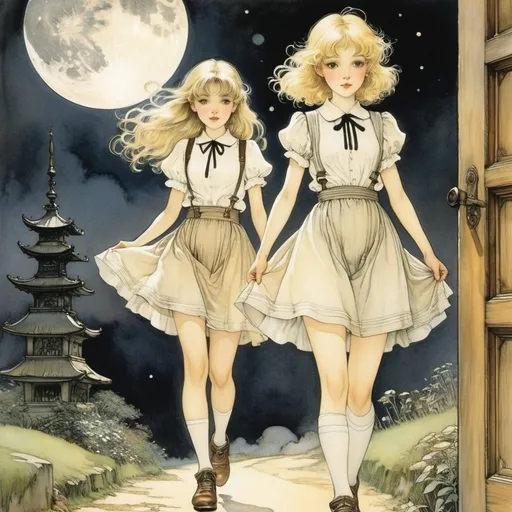 Prompt: Arthur Rackham, Millicent Sowerby, Angela Barrett, Levi Pinfold, Fiona Lumbers, Surrealism Mysterious Weird Fantastic Fantasy Sci-Fi, Japanese Anime, A group under the moon, Beyond the door at the end of the century, Blonde miniskirt beautiful girl Alice, perfect voluminous body, detailed masterpiece 