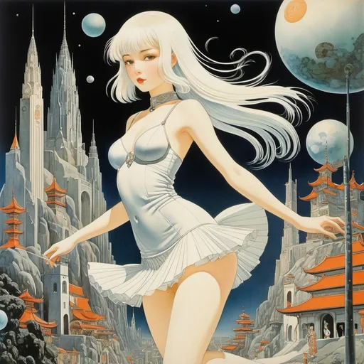 Prompt: Kay Nielsen, Carlo Carrà, John Jude Palencar, Ryoko Ikeda, Ed Emshwiller, Surrealism, strange, bizarre, fantastical, fantasy, Sci-fi, Japanese anime, miniskirt beautiful girl, perfect voluminous body, city in the palm of a high school girl, rotating planet, beautiful girl celebrating, detailed masterpiece 