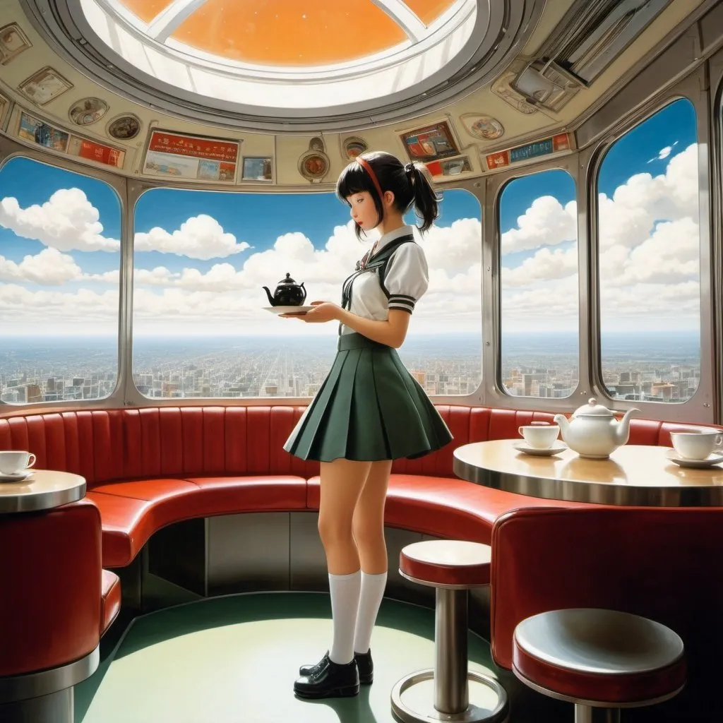 Prompt: Naoyuki Kato, Heath Robinson, Surreal, mysterious, strange, fantastical, fantasy, Sci-fi, Japanese anime, Sunday afternoon fun, mini-skirt pretty high school girl having tea at a stylish cafe, perfect voluminous body, Earth seen from the space station, detailed masterpiece wide angles low high