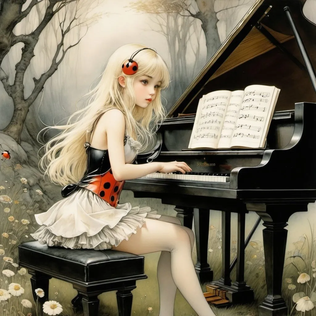 Prompt: Koji Morimoto, Arthur Rackham, Surreal, mysterious, strange, fantastical, fantasy, Sci-fi, Japanese anime, Ladybug playing the piano, land of little fairies, lost blonde miniskirt beautiful girl Alice, perfect voluminous body, detailed masterpiece 