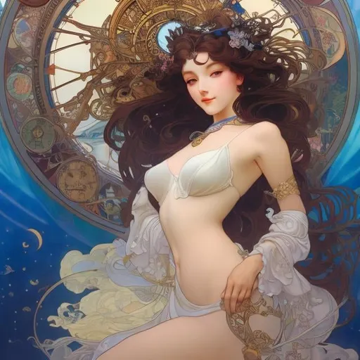 Prompt: Helen nyce, Dali, Alphonse Mucha, Japanese Anime, Surreal Mysterious Weird Fantastic Sci-Fi Fantasy, Beautiful Girl, Perfect Body, Falling Moon, clock, Star Sleeping Under the Sea, detailed masterpiece, high resolution definition quality, depth of field, cinematic lighting 