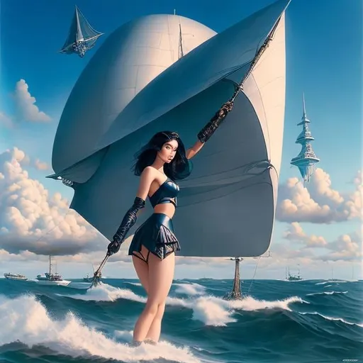 Prompt: Duncan Fegredo, Stevan Dohanos, Surreal, mysterious, strange, fantastical, fantasy, Sci-fi, Japanese anime, sea of ​​sky, inversion and reversal, flying sailing ship, miniskirt beautiful girl, perfect voluminous body, detailed masterpiece 