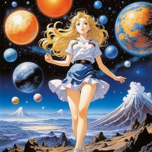 Prompt: Hirohiko Araki, Margaret Tempest, Surreal, mysterious, strange, fantastic, fantasy, sci-fi, Japanese anime. Atoms were created in the universe 13.8 billion years ago, and atoms were scattered throughout the galaxy due to the explosion of a gigantic planet. Then, the hydrogen gas floating in the universe eventually became A beautiful high school girl in a miniskirt who has transformed into a human, and our bodies are made of things that have traveled to distant stars, or perfect volcanoes body, detailed masterpiece 