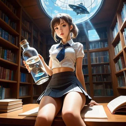 Prompt: Erwin Puchinger, Sergey Solomko, Surreal, mysterious, bizarre, fantastical, fantasy, sci-fi, Japanese anime, multiple vanishing points, spaceship in a glass bottle, beautiful high school girl in a miniskirt studying, perfect voluminous body, fictional myth, detailed masterpiece low high angles