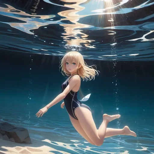 Prompt: Alois Carigiet, Étienne Delessert, Surreal, mysterious, strange, fantastical, fantasy, Sci-fi, Japanese anime, playing in the water between light and darkness, beautiful girl in a school swimsuit, perfect voluminous body, reflection, transmission, refraction, beach, detailed masterpiece 