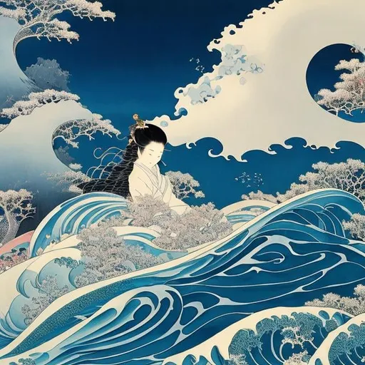 Prompt: Katsushika Hokusai, Kay Nielsen, Surreal Mysterious Bizarre Fantastic Fantasy Sci-fi, Japanese Anime, Sea, Natural History Class, Adventure begins in the nature right in front of you, Night diving in the sea, at night, A beautiful girl where the history of the earth, space, and the world of the deep sea intersect, detailed masterpiece depth of field, cinematic lighting 