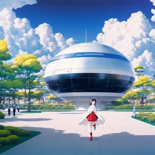 Prompt: Jessie M. King, Kitawaki Noboru, Surreal, mysterious, strange, fantastical, fantasy, Sci-fi, Japanese anime, analysis of a beautiful girl in a miniskirt using perspective and three-point perspective, perfect voluminous body, space station in the garden, detailed MAs 