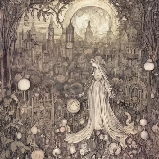 Prompt: Cicely Mary Barker, Margaret Tarrant, Virginia Frances Sterrett, street of london, 18th century, huge moon, hourglass in night, fairy lady, to a Ball, hyper detailed, Japanese anime, manga lines, high quality high resolution high definition masterpiece 