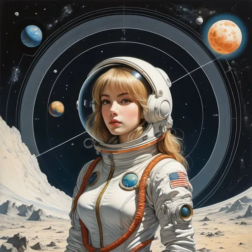 Prompt: Alan Stuart Paterson, Lívia Rusz, Tim Molloy, Charles Robinson, Surrealism Mysterious Weird Fantastic Fantasy Sci-Fi, Japanese Anime, Mercator projection solar system route map, View from the moon, Beautiful girl in a space suit, perfect voluminous body, Moon orbit correction, detailed masterpiece 