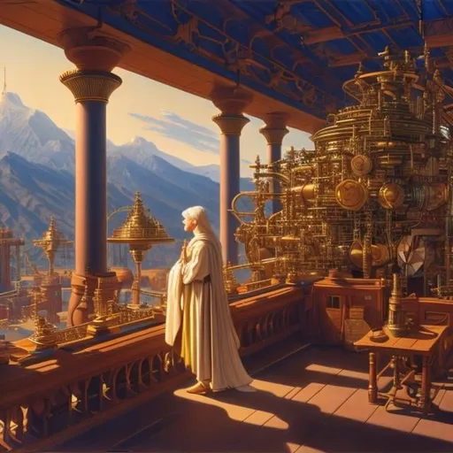 Prompt: Anton Brzezinsk, Jean Giraud, Thomas Crane, library of science, perpetual motion machine, blonde girl, babel, hyperdetailed high resolution high definition high quality masterpiece 