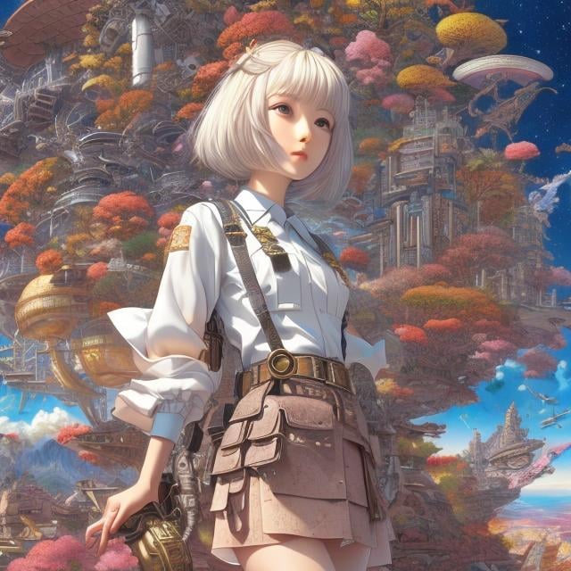 Prompt: Katsuhiro Otomo, Elsa Beskow, Basia Tran, Surreal Mystery Strange Fantastic Fantasy Sci-fi, Japanese Anime ,Age of Integration Consciousness Philosophy Religion Science Creativity Extraterrestrial Civilization Past Life Future Life Parallel Life Multidimensional Self Time and Space Miniskirt high school girl, detailed masterpiece 