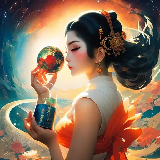 Prompt: Ukiyo-E style, manga lines, Lola Anglada, Craig Mullins, Paul Alexander, Japanese Anime Mysterious Weird Fantastic Surreal Fantasy Sci-Fi Fantasy Solar System in a Glass Bottle Girl Holding the Glass Bottle detailed, definition resolution, high quality masterpiece