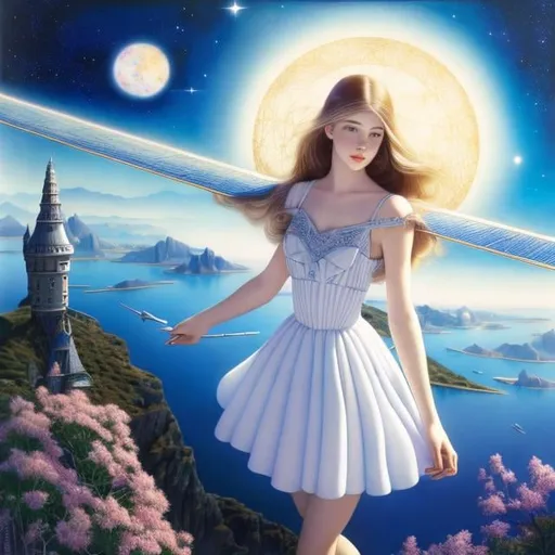 Prompt: Charles Robinson, Erna Rosenstein, Surreal, mysterious, strange, fantastical, fantasy, Sci-fi, Japanese anime, celestialism, cosmology, planes, cosmos, telescope, stars and constellations, solar system, galaxy, aquarium called Earth's night, miniskirt beautiful girl, perfect voluminous body, detailed masterpiece 