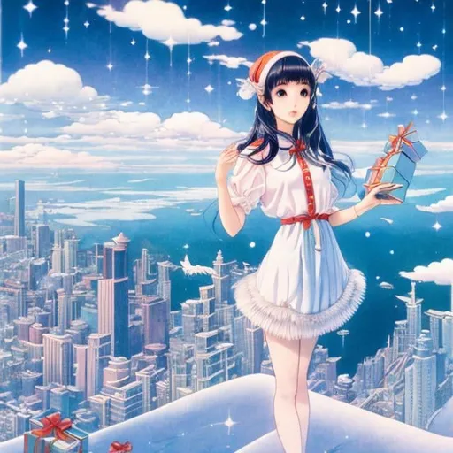 Prompt: Yumiko Igarashi, Walter Crane, Surreal, mysterious, strange, fantastical, fantasy, sci-fi, Japanese anime. Santa's sleigh, hit by reindeer, runs through the air between skyscrapers. A beautiful miniskirt girl is scattering presents. She is happy to receive the presents, detailed masterpiece bird’s eye view wide angle sharp focus 