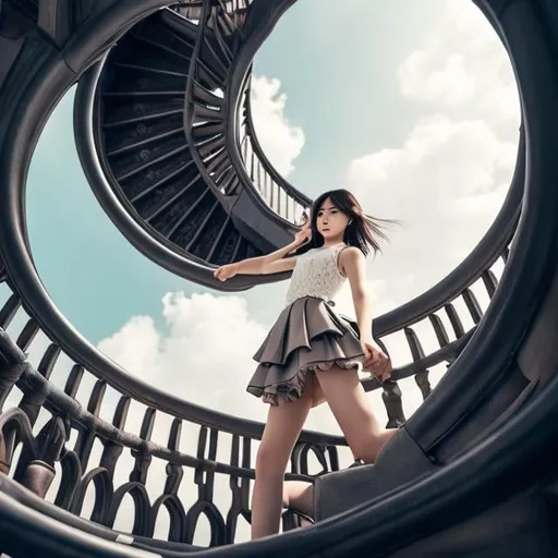 Prompt: Fidus, Kotomi Aoki, Surreal, mysterious, strange, fantastical, fantasy, Sci-fi, Japanese anime, archeology, architectural history, architectural structure, seeking height, images and ideas of towers, miniskirt beautiful girl climbing the spiral staircase of the tower, perfect voluminous body, detailed masterpiece 