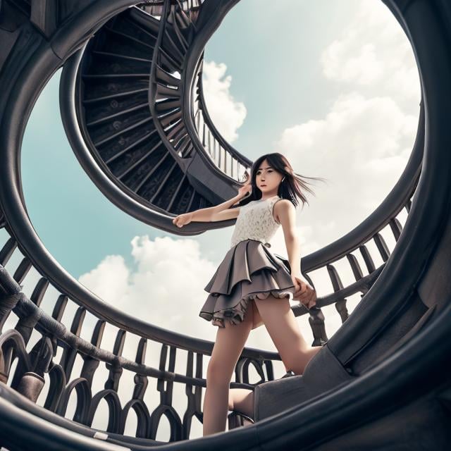 Prompt: Fidus, Kotomi Aoki, Surreal, mysterious, strange, fantastical, fantasy, Sci-fi, Japanese anime, archeology, architectural history, architectural structure, seeking height, images and ideas of towers, miniskirt beautiful girl climbing the spiral staircase of the tower, perfect voluminous body, detailed masterpiece 