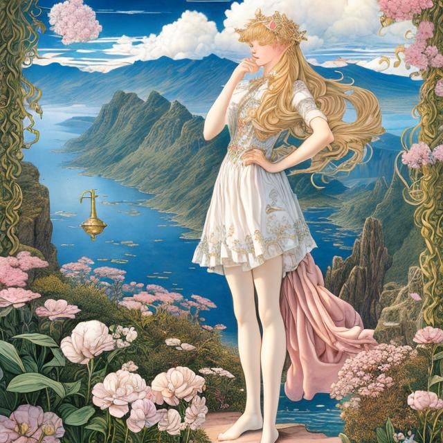 Prompt: Walter Crane, Anne Anderson, Surreal, mysterious, bizarre, fantastic, fantasy, Sci-fi fantasy, anime, light bulb planet, walking teapot, the adventures of Alice, the beautiful blonde miniskirt girl, perfect voluminous body, beyond the picture frame, detailed masterpiece 