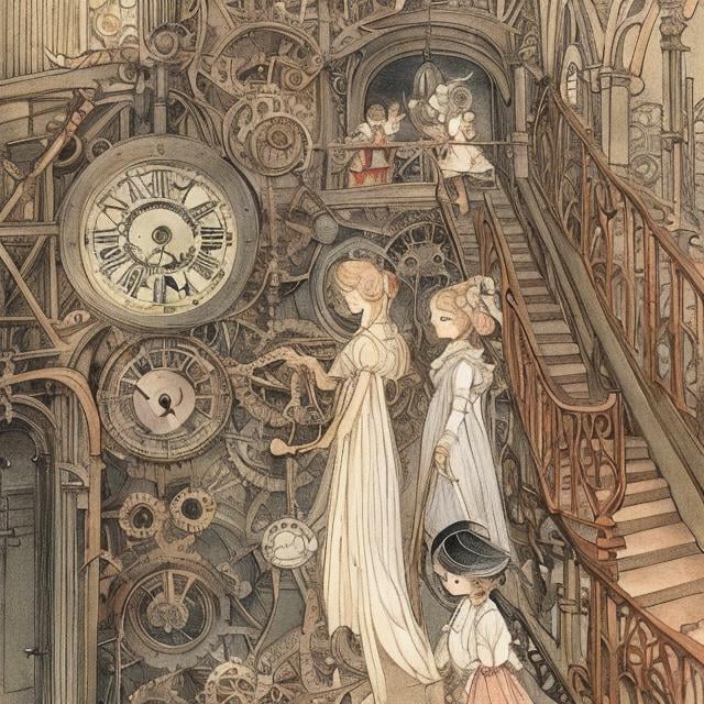 Prompt: Cicely Mary Barker, Margaret Tarrant, Virginia Frances Sterrett, inside clock tower, gears machines contraptions, girl walking up spiral stairs, hyper detailed, Japanese anime, manga lines, high quality high resolution high definition masterpiece , colour, realistic 