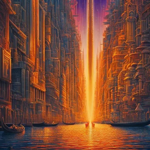 Prompt: Jean Giraud, Katsuhiro Otomo, Alice Rahon, Surreal, mysterious, bizarre, fantastical, fantasy, Sci-fi fantasy, anime, The Mirror of Venice, or the bizarre adventures of the glass man, A man obsessed with a gigantic building, A city inside a music box, A realized utopia, detailed masterpiece depth of field cinematic lighting 