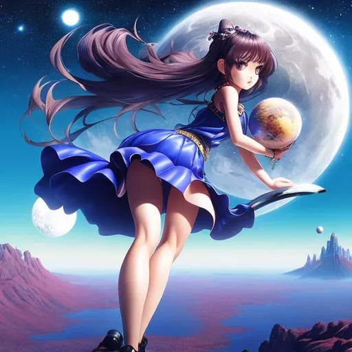 Prompt: Barbara Cooney, Hiroshi Masumura, Surreal, mysterious, strange, fantastical, fantasy, Sci-fi, Japanese anime, galaxy celestial globe model, permanently operating screw type, miniskirt beautiful high school girl carrying the moon, perfect voluminous body, detailed masterpiece perspectives angles