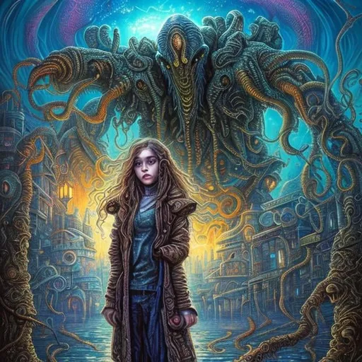 Prompt: John Stephens art style, detailed, sci-fi fantasy, surreal, weird, night in Tokyo, The Call of Cthulhu, girl battling, 