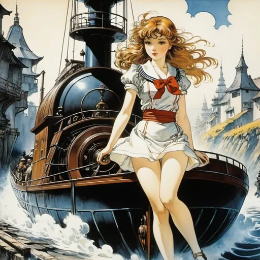 Prompt: Arthur Rackham, Audrey Spiry, Mathurin Méheut, André Édouard Marty, Yuu Watase, Surrealism Mysterious Weird Fantastic Fantasy Sci-Fi, Japanese Anime, Arclight's Hydro-powered Spinning Machine, Mars Railway Network Canal, Miniskirt Beautiful Sailor, perfect voluminous body, detailed masterpiece 