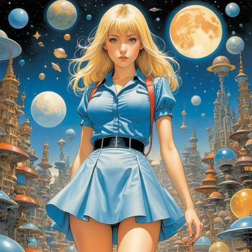 Prompt: Dave Gibbons, Adolf Born, Karel Franta, Ken Niimura, Cam Kennedy full colours, Surrealism, Mysterious, Weird, Outlandish, Fantasy, Sci-Fi, Japanese Anime, Alice, a beautiful blonde miniskirt girl who collects star fragments and puts them into an illustrated book, perfect voluminous body, Being a collector is not easy, detailed masterpiece 