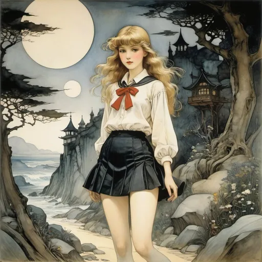 Prompt: Arthur Rackham, mary blair, Emil Doepler, Hermine Stilke, Surrealism, mysterious, bizarre, fantastical, fantasy, Sci-fi, Japanese anime, world view called perspective, philosophy of pictorial space and spatial expression techniques, natural geometry, depth, painting from the era of relativity, a beautiful high school girl in a miniskirt represented by perspective, detailed masterpiece 