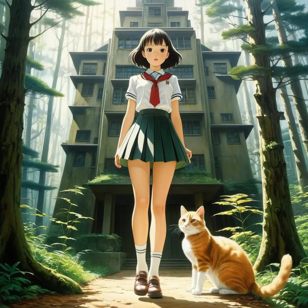 Prompt: Maria Rabinky, Kay Sage, Minoru Nonaka,  Erwin Puchinger, Tatsuki Fujimoto, Surrealism, wonder, strange, bizarre, fantasy, Sci-fi, Japanese anime, a walk through the forest architecture of visual symbolism, a miniskirt beautiful high school girl and her guide cat, perfect voluminous body, low high angles perspectives detailed masterpiece 