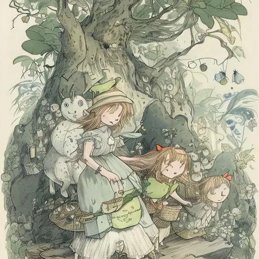 Prompt: Kate Greenaway, Tove Jansson, Heikala, Alice in wonderland, detailed, high resolution, high definition, high quality, masterpiece, Japanese anime, manga lines
