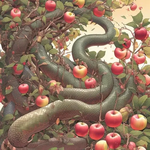 Prompt: Sydney Sime, Japanese anime, Katsuhiro Otomo, manga lines, Eve, apple Tree, holding an apple, huge snake, hyperdetailed, realistic, high resolution, high quality, high definition, masterpiece 