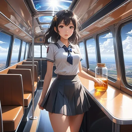 Prompt: Surreal, mysterious, strange, fantastical, fantasy, Sci-fi, Japanese anime, star-journey beautiful girl in miniskirt, perfect voluminous body, small sun in a glass bottle, long-distance space bus, detailed masterpiece wide high angles perspectives 