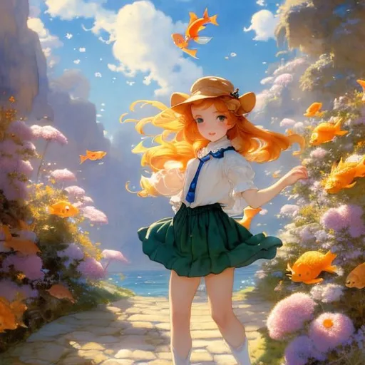 Prompt: Anton Pieck, Jessie Willcox Smith, Margaret Tarrant, animesque wondrous strange Whimsical Sci-Fi Fantasy Goldfish World Ryukin Izumi gold Dutch Lion's Head Lanc-ch'u-hsien Wakin Swimming in the air Goldfish scoop matsuri Miniskirt schoolgirl walking path Hyperdetailed resolution definition masterpiece