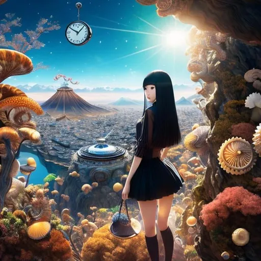 Prompt: Ai Morinaga, Ivan Bolivian, Surreal, mysterious, bizarre, fantastical, fantasy, Sci-fi, Japanese anime, underground world, living ammonite clock, ticking away in time, beautiful girl in a miniskirt, perfect body, long jump, transcending time, dynamism, bird's eye view, hyper detailed masterpiece depth of field cinematic lighting realistic