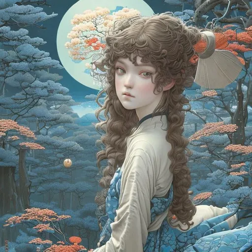 Prompt: Ukiyo-e style　Christian Riese Lassen, Charles Robinson, Eleanor Fortescue-Brickdale, surreal　fanciful　wondrous　strange　Whimsical　Sci-Fi Fantasy　hi-school girl　A dark-haired　Autumn leaves with short hair　Circular Theater　hour glass　blue-sky　Hyperdetailed high definition high resolution high quality masterpiece