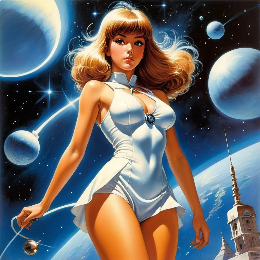 Prompt: Kelly Freas, Keith Henderson, Junaida, Rita Petruccioli, Katharine Cameron, Surrealism Mysterious Weird Fantastic Fantasy Sci-Fi, Japanese Anime, Taming Electric Charge, Diving into the Stars, Miniskirt Beautiful High School Girl, perfect voluminous body, detailed masterpiece low high angles perspectives 