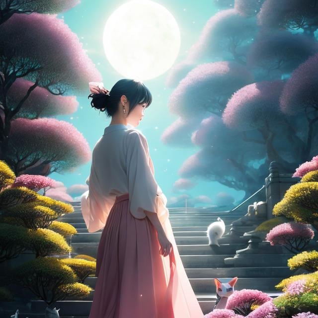 Prompt: Kawakami shiro, Margaret Tarrant, Surreal, mysterious, strange, fantastical, fantasy, Sci-fi, Japanese anime, infinite stairs, a beautiful girl in a miniskirt who keeps walking with a cat, the rotating sun and moon, hyper detailed masterpiece depth of field cinematic lighting 