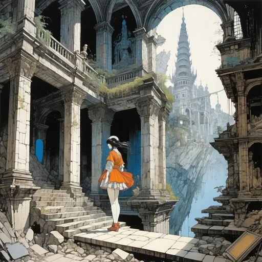 Prompt: Harry Clarke, Giovanni Battista Piranesi full colours, minoru nomata, Heath Robinson, Katsuya Terada, Surrealism Mysterious Weird Fantastic Fantastic Sci-Fi, Japanese Anime Painting in the Ruins, Ruins in the Painting Easel Beautiful High School Girl in Miniskirt Draws a Sketch, perfect voluminous body, detailed masterpiece low high angles perspectives 