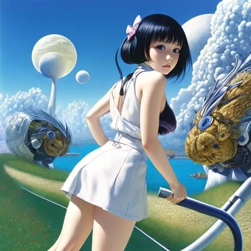 Prompt: Jarosław Kukowski, Toriko Chiya, Surreal, mysterious, strange, fantastical, fantasy, Sci-fi, Japanese anime, walking vacuum cleaner, miniskirt housewife, perfect voluminous body, detailed masterpiece 