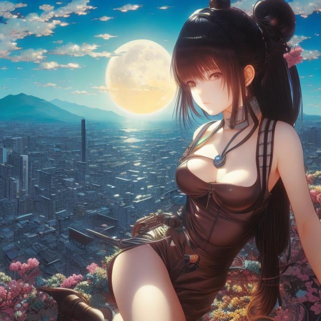 Prompt: Katsuhiro Otomo, Masamune Shirow, Anne Anderson, surreal mysterious strange bizarre fantasy sci-fi fantastic absurd, Japanese anime, girl drinking moonlight, perfect body, crescent moon, bar counter, detailed masterpiece, high resolution definition quality, depth of field, cinematic lighting 