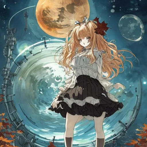 Prompt: Charles Doyle, Francis’s picabia, Kate Greenaway style, Time Machine, fall leaves, miniskirt Japanese high school girl, ocean, galaxy, huge moon, strange sci-fi fantasy manga lines detailed resolution definition high quality masterpiece 