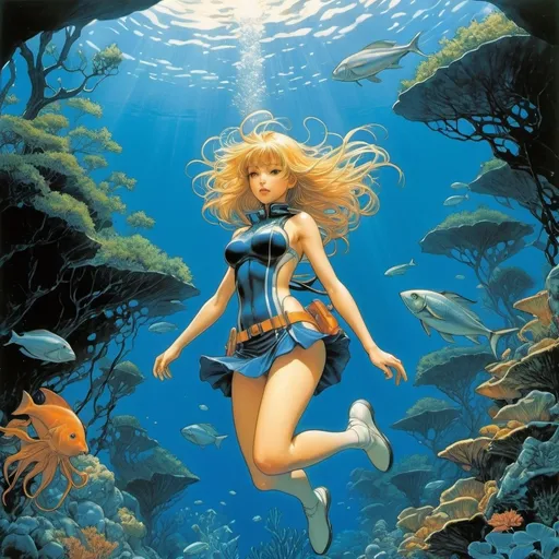 Prompt: Masamune Shirow, Hermann Huppen, Edward Baird, Charles Vess, Shigeru Hatsuyama, Surrealism, wonder, strange, bizarre, fantasy, Sci-fi, Japanese anime, blue universe beneath the water surface, Aquanaut, crinoid forest, giant squid, miniskirt beautiful high school girl's underwater flight, perfect voluminous body, detailed masterpiece 