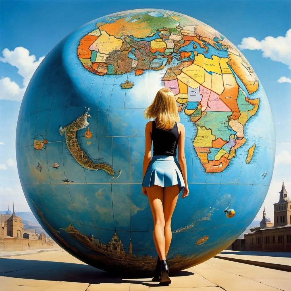 Prompt: Max Ernst, Endre Nemes, Norman Saunders, Jason Gamber, Margaret Brundage, Surrealism, wonder, strange, bizarre, fantasy, Sci-fi, Japanese anime, world map on the inner surface of a sphere, back side, miniskirt beautiful high school girl and cat taking a walk, perfect voluminous body, detailed masterpiece 